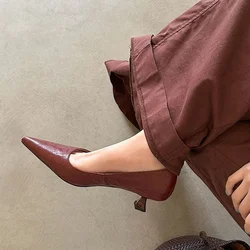 NEW Spring/Autumn Women Pumps Genuine Leather Shoes Women Pointed Toe Thin Heel Shoes Slip-on Shallow High Heels Handmade Shoes