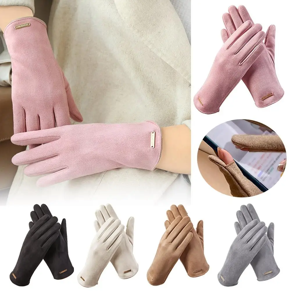 Guantes elegantes de pantalla táctil para mujer, manoplas de tela fina y cálida, Cachemira, gamuza sólida, conducción, invierno, Otoño, W0N1