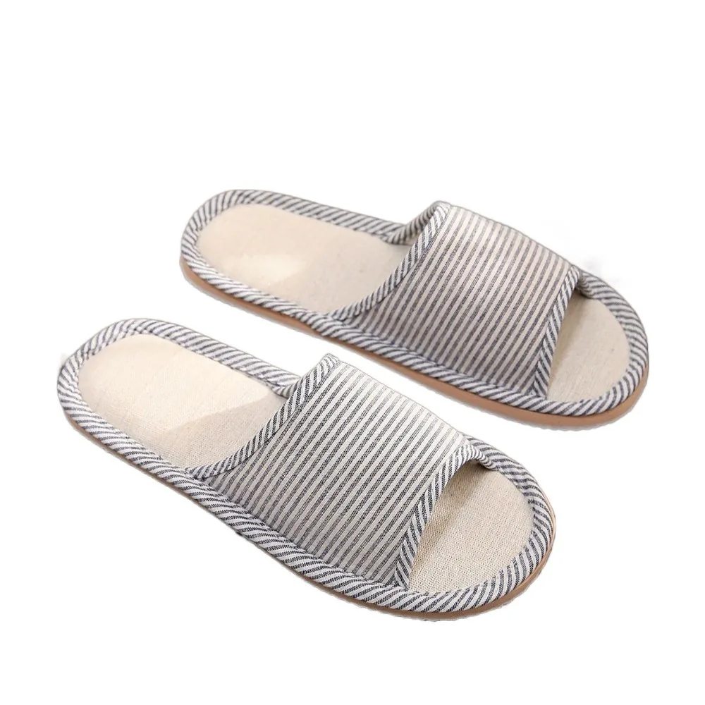 

Comfortable Non Slip House Linen Slippers Flax Striped Home Slippers Open Toe Guest Use Homewear Shoes Indoor