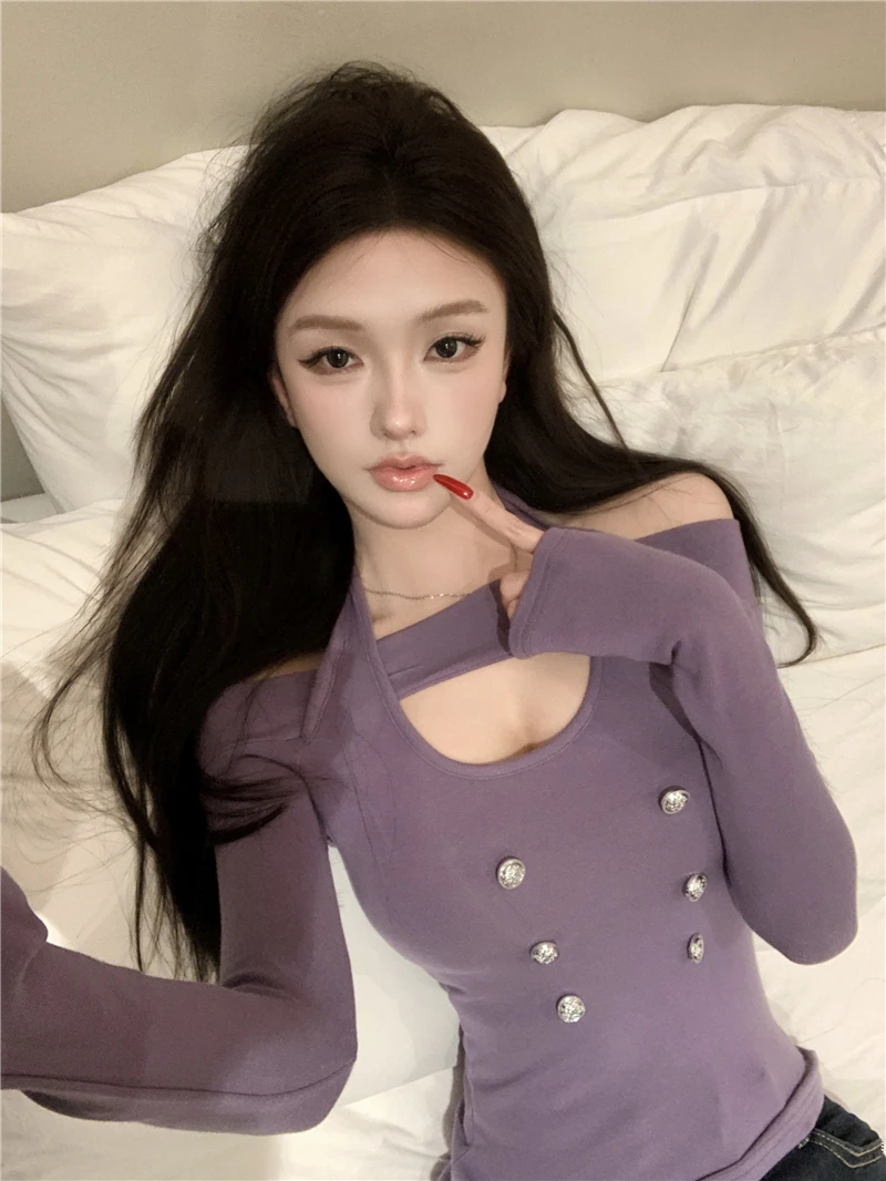 

Elegant Pure Desire Sexy V-neck Slim Fit Long Sleeve Women's Autumn Winter Fashion T-shirt Korean Style Commute Wind