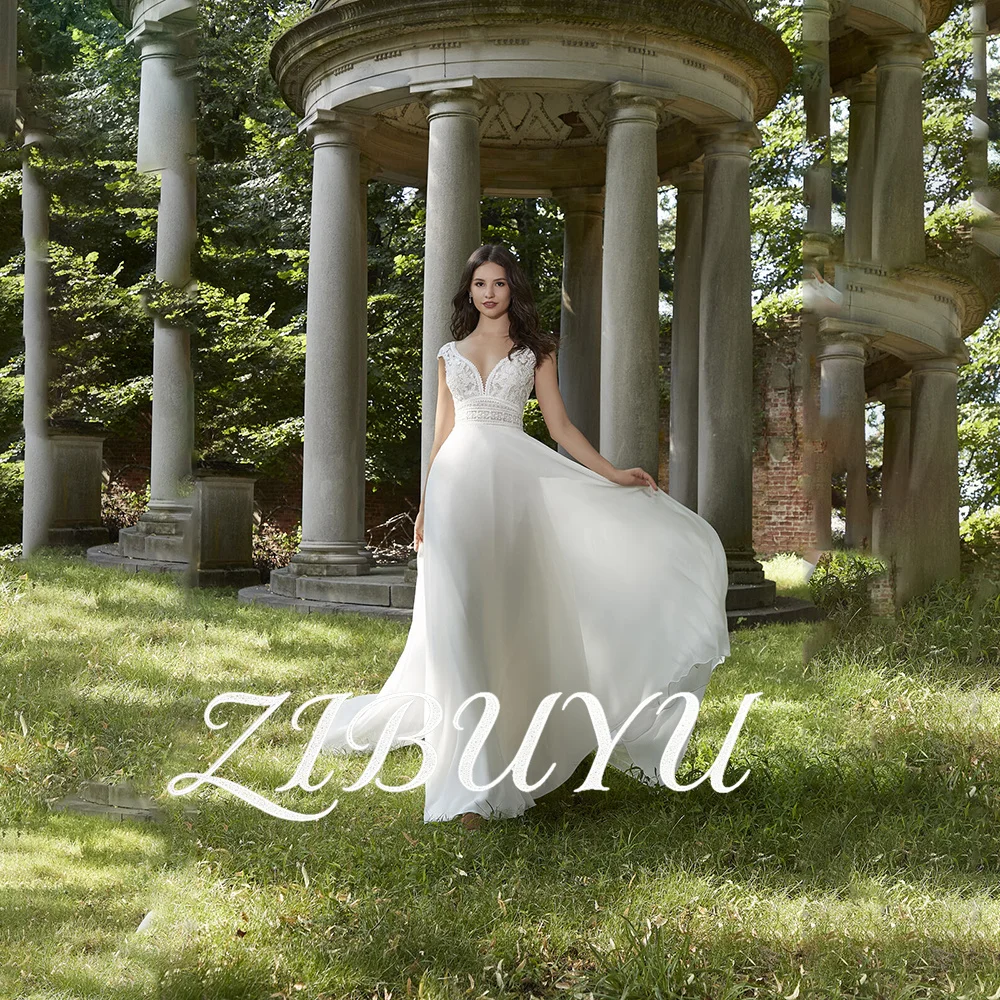 

ZIBUYU Customized Boho Wedding Dress Deep V Neck Cap Sleeves Lace Appliques Chiffon Backless Lace Skirt Lace Up Back Bridal Gown