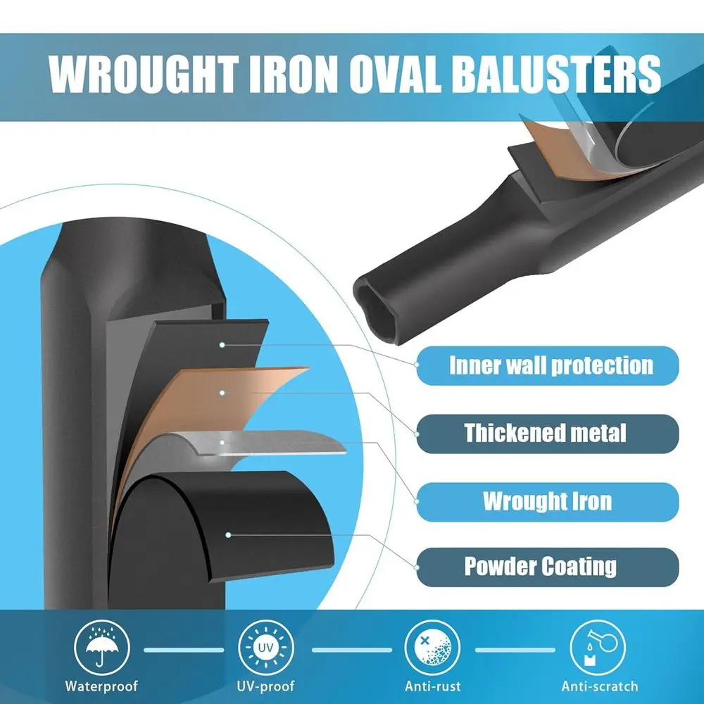 درابزينات مربعة من الحديد المجوف مقاس 1/2 بوصة - مغزل معدني عادي لدرج داخلي، أسود ساتان، 10 عبوات