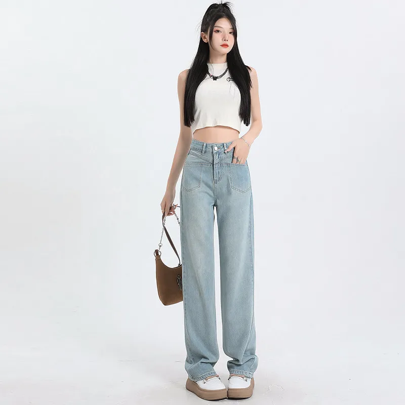 FINEWORDS Causal Vintage High Waist Korean Jeans Women Streetwear Wide Leg Denim Pants Loose Light Blue Full Length Pants