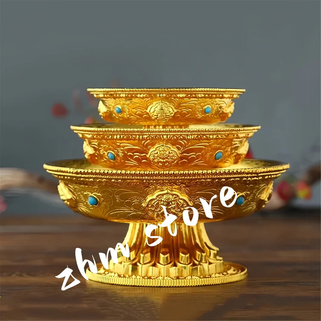 Zinc Alloy Tribute Buddhist Fruit Plate Gold Auspicious Luster Tibetan Plate Engraving Buddha Fruit Saucer Home Gift Decorative
