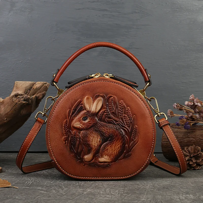 Johnature 2024 New Rabbit Embossed Handbag Genuine Leather Retro Women Bag Versatile Real Cowhide Handmade Shoulder Bags