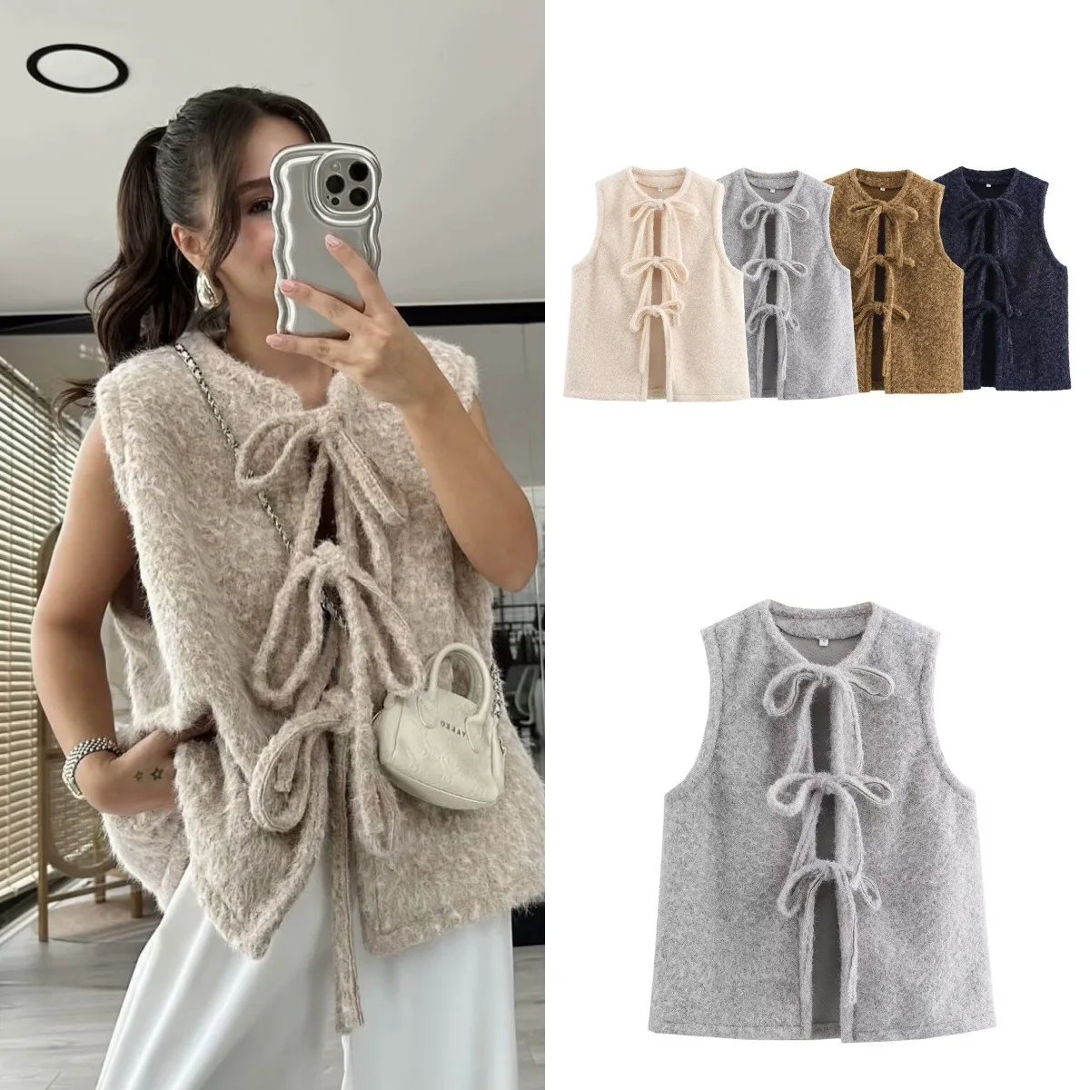

European and American fashion versatile multi-color crew neck lace-up sleeveless vest top spring new products