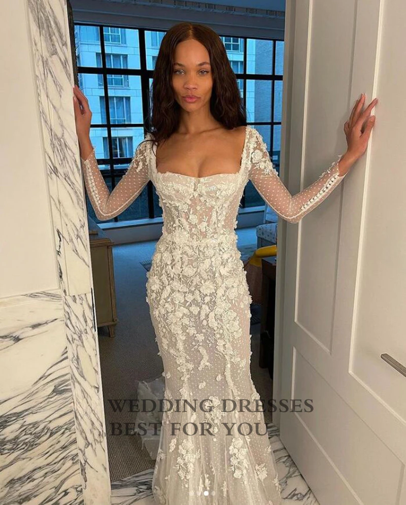 Sheer Lace Mermaid Wedding Dresses with Illusion Long Sleeves 3D Flowers Square Neck Bridal Dresses Boho Backless Wedding Gowns