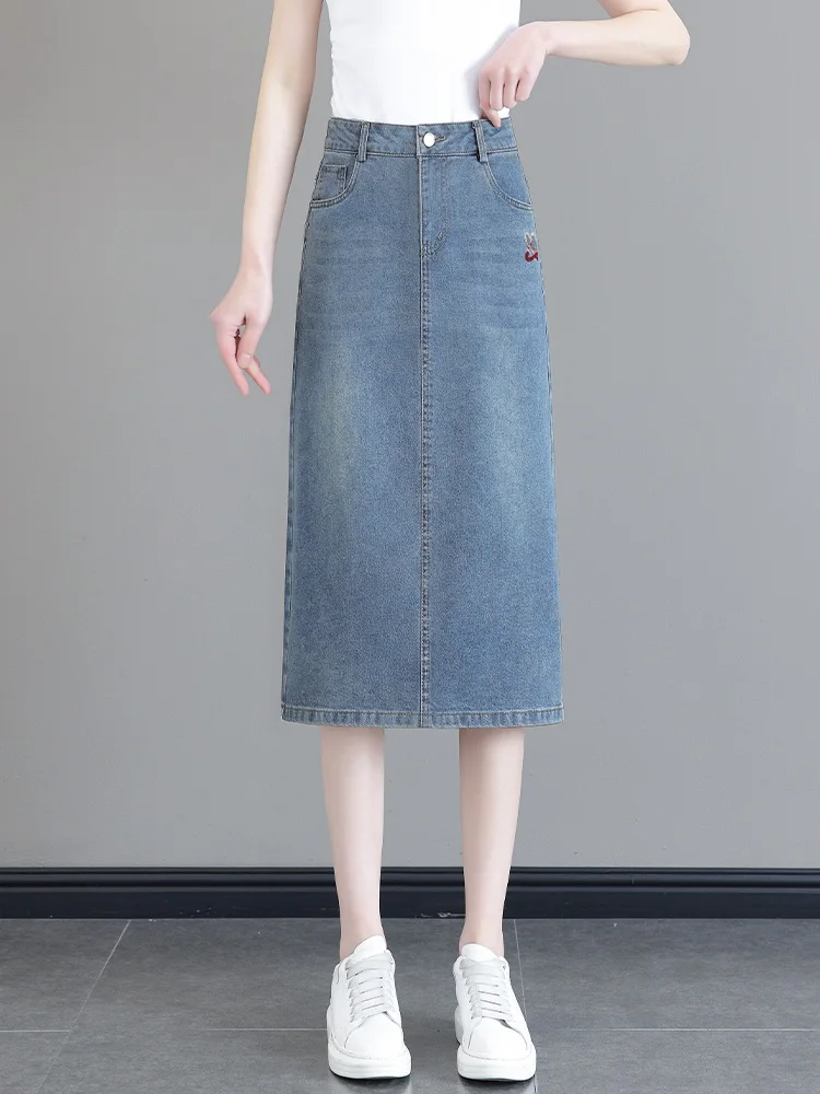 

Summer Thin High Waist Midi A-Line Skirt Embroidered Denim One Step Skirt Women's Fashion Casual Cotton Blend Skirt