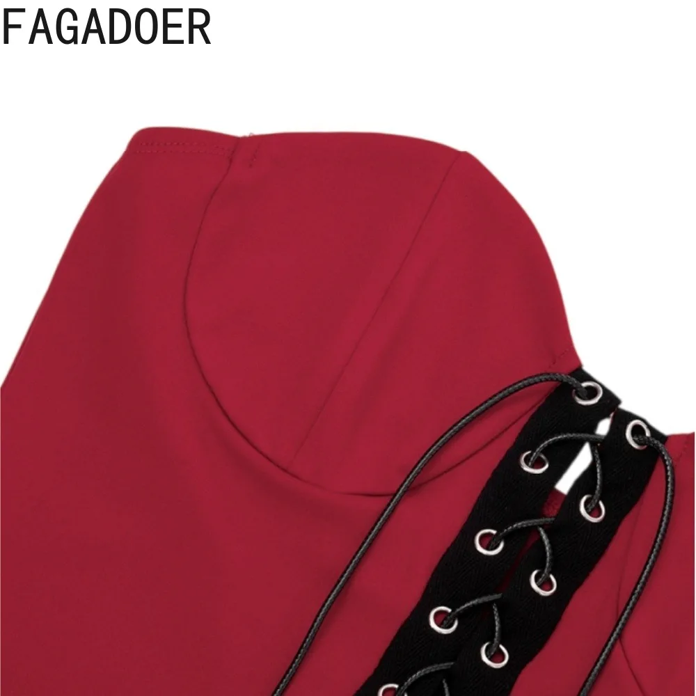 FAGADOER Sexy Women 2 Piece Jumpsuit Set Lace Up Strapless Bodycon Capri Jumpsuit with Long Sleeve Crop Shrug Fall Club Outfit - view 6