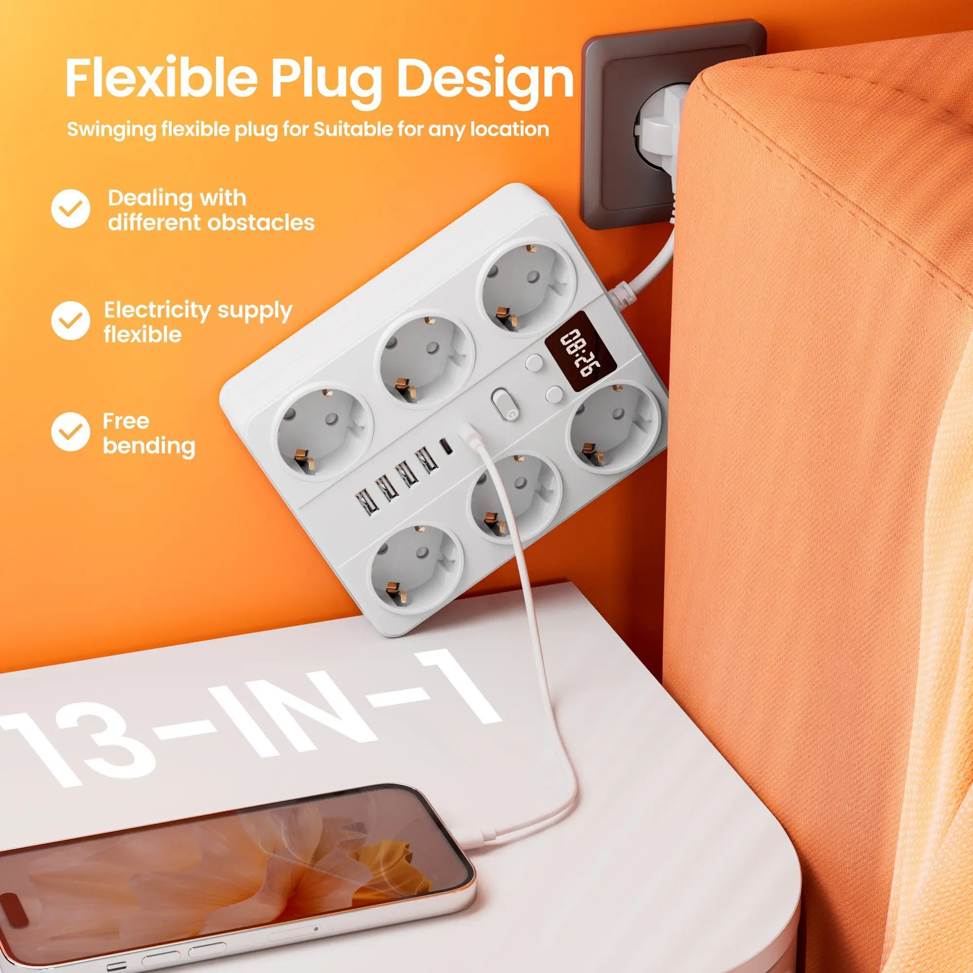 شريط طاقة 14 في 1 مع 8 منافذ تيار متردد، 4 منافذ USB-A 2 USB-C شحن سريع، حماية من زيادة الحمل الزائد وحماية ماس كهربائى #2