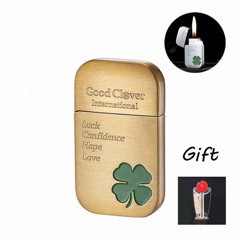 Creative Clover Grinding Wheel Lighter for Men and Women, Open Fmale Lighters, Metal Butane Gas Lighter, Gift Kerosene Lighter,