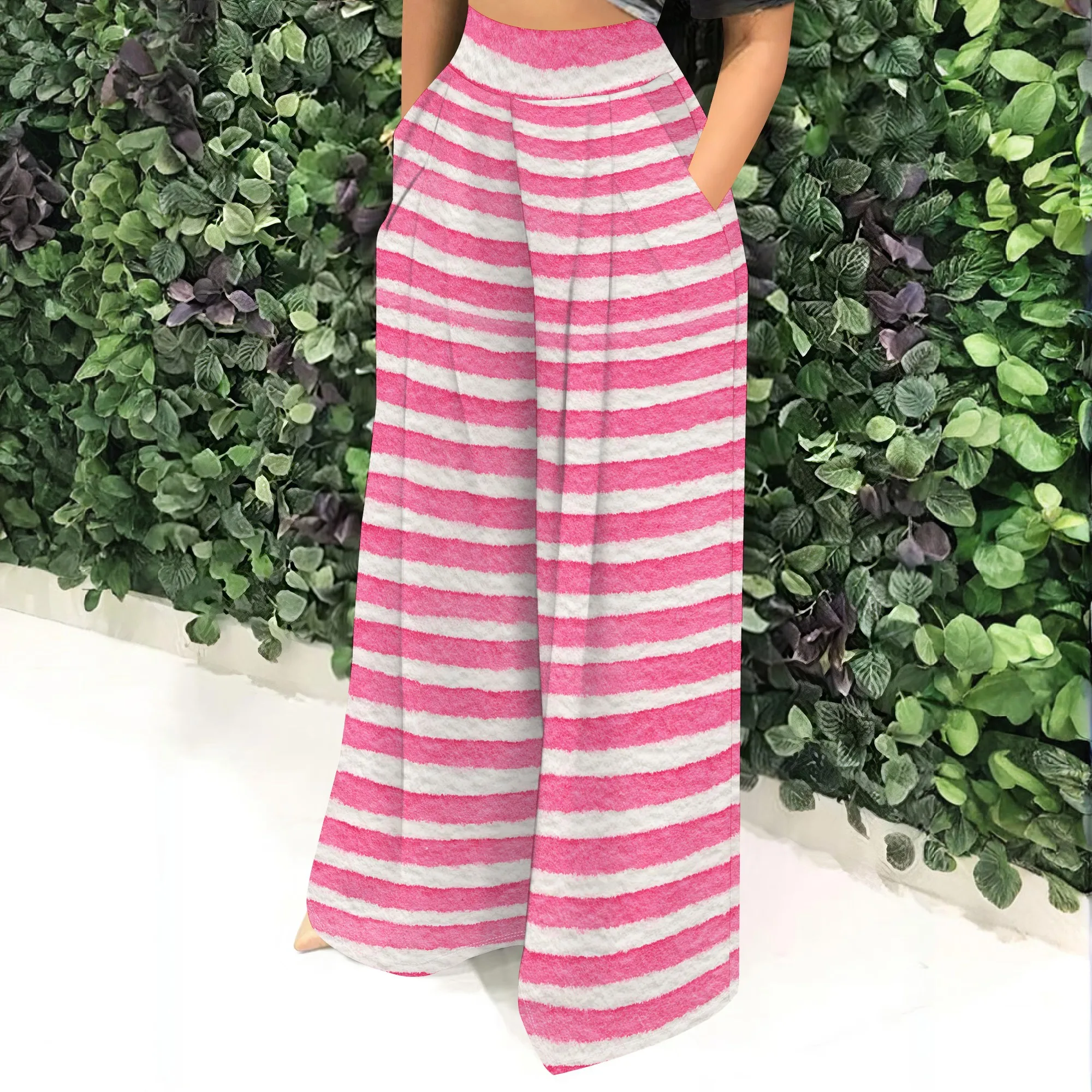 Striped High Waist Wide Leg Pants, Pink Print Casual Trousers with Pockets, Summer Beach Wear for Women, S-2XL