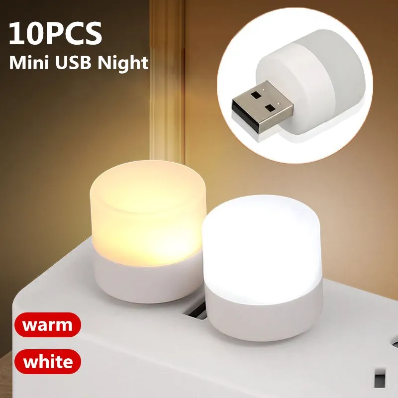 Mini USB Night Light com plug, proteção para os olhos, leitura de livros, computador, carregamento de energia móvel, lâmpada LED, branco quente, 1 pc, 10pcs