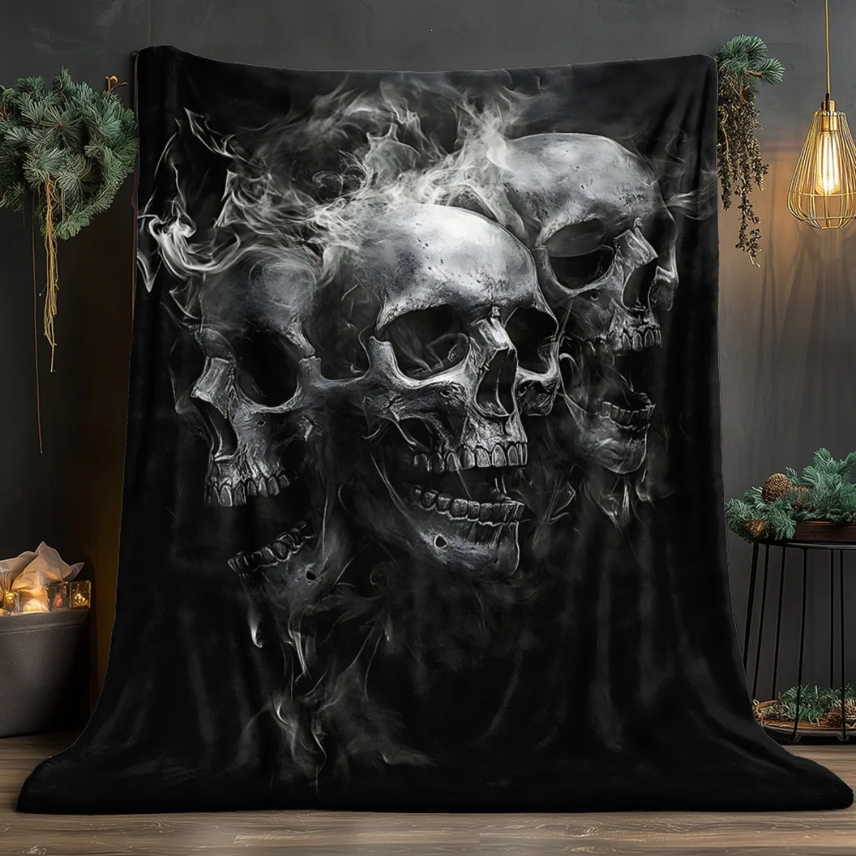 

1pc Smoky Skull Black Blanket - Soft Fleece Throw for Sofa Bed Office Travel Camping - Edgy Aesthetic Machine Washable Decor