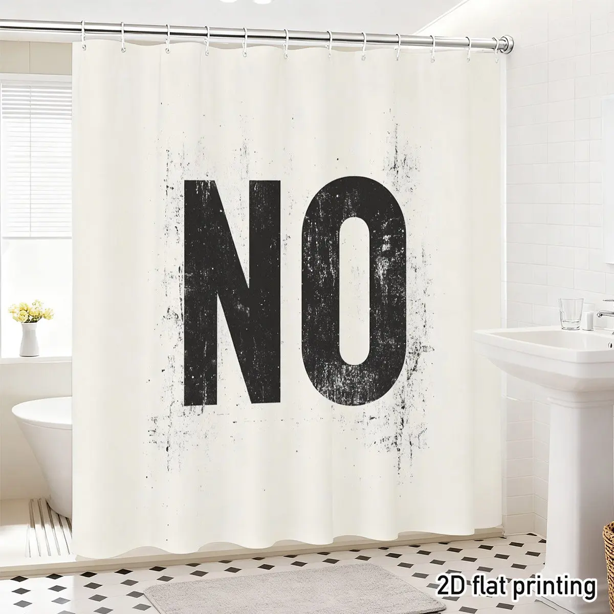 

Bold "NO" Grunge Shower Curtain Distressed Black Typography on Cream Polyester Modern Bathroom Decor