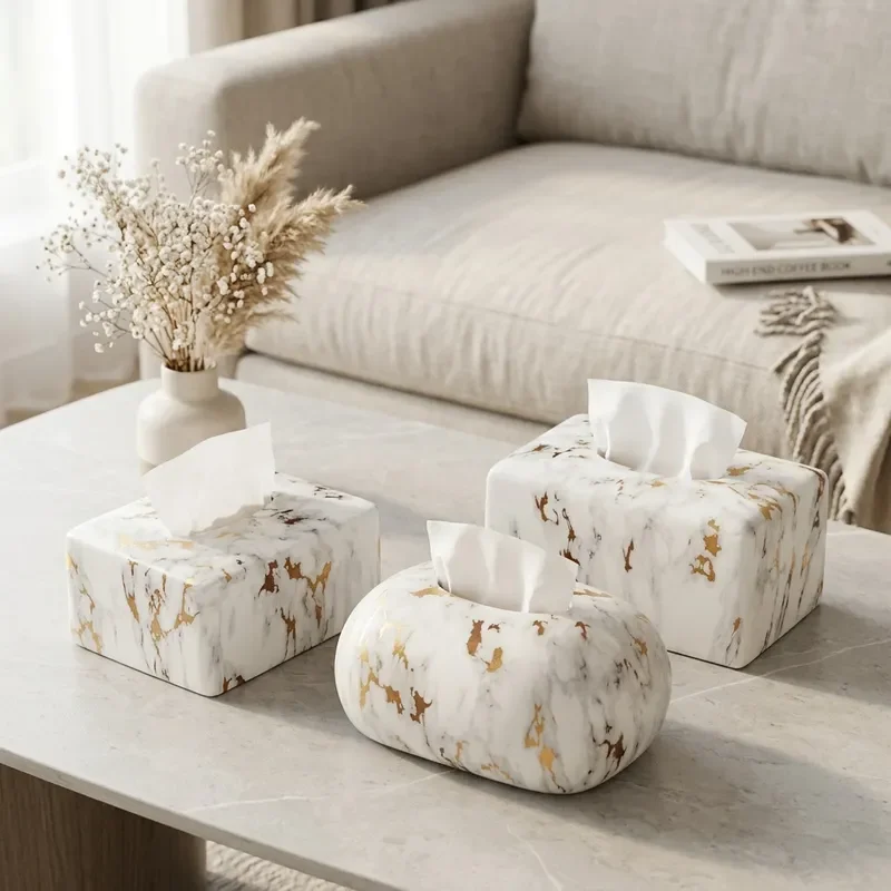 Light Luxury Marble Pattern Ceramic Tissue Box for Household Living Room Coffee Table Paper Holder Hotel Restaurant Desktop