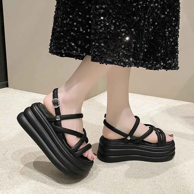 Chic and Elegant Woman Heeled Shoes 2024 Summer Luxury Designer Platform Sandals Girls Rome Casual Black Gladiator Wedge Fashion