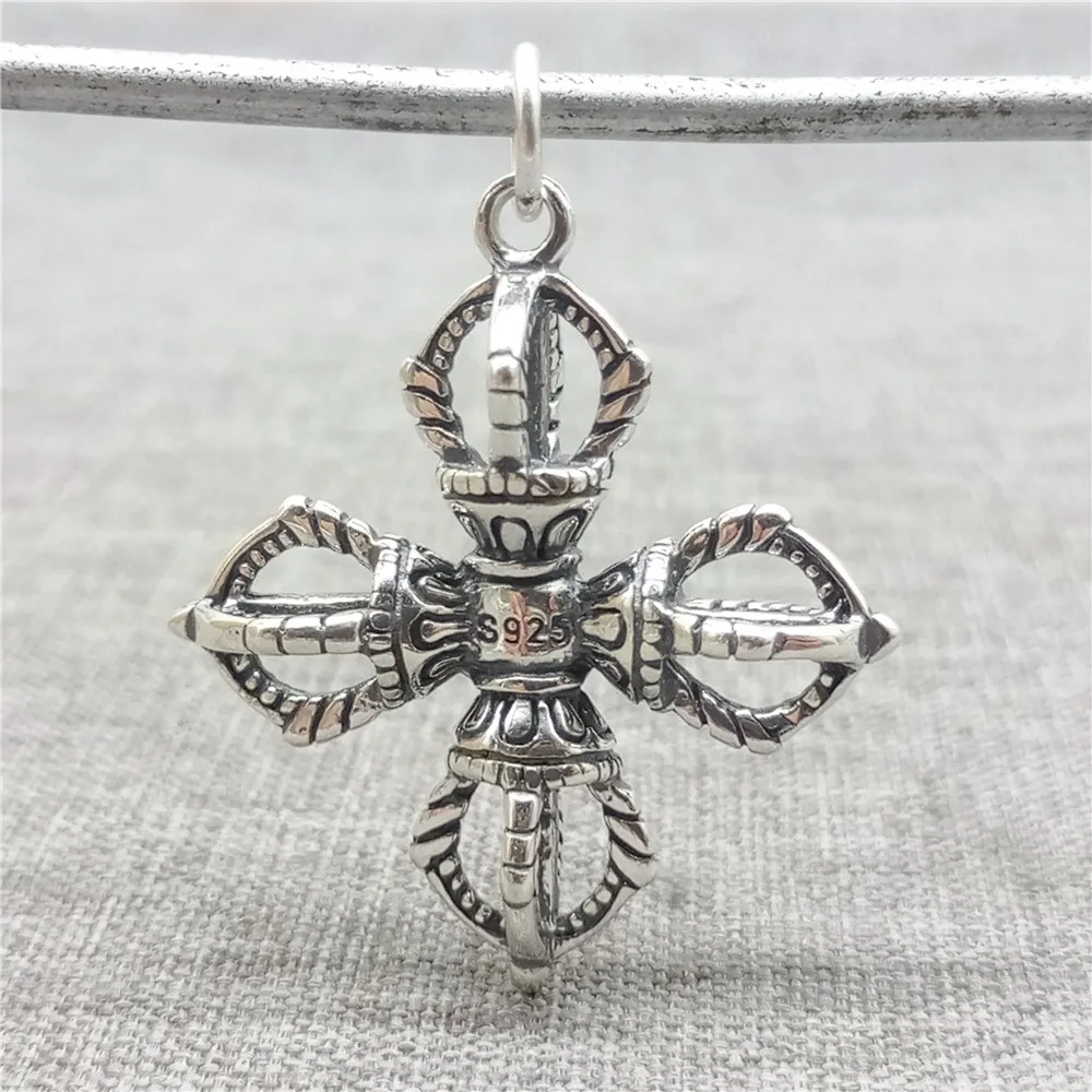 1 Piece Double Dorje Buddhist Pendant 2-sided in 925 Sterling Silver for Necklace Making
