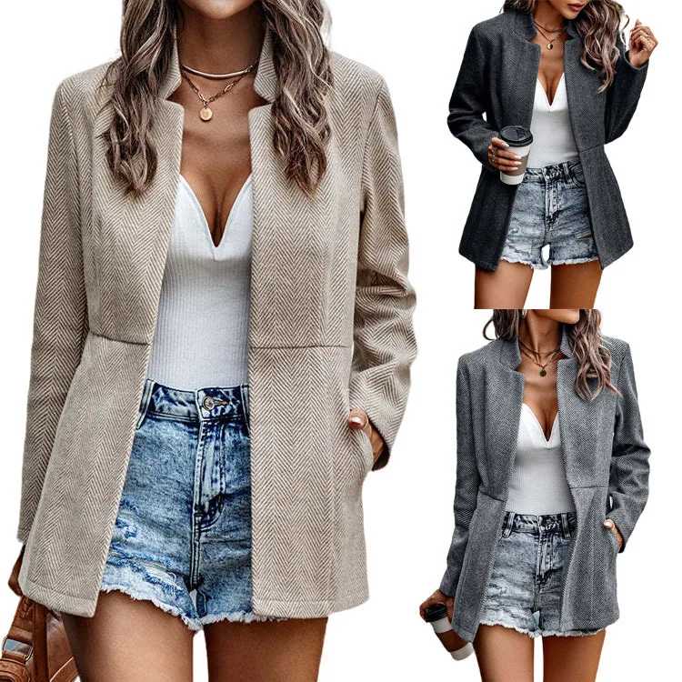 

Long Sve Suit Cardigan Stand Collar Coat Top Street Sle Pure Color Button Front Slim Fit Women's Faion Autumn Wear