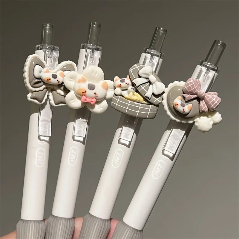 6/4 Random Style Packs, Plaid Bow Three-Flower Cat Design Retractable Gel Pen with Black Ink, Simple Milky White Vertical Stripe Pen Body, Gentle Low-Saturation Kitten Decorative Pen Clip, Korean-Style Ins-Style Student Pen Set for Writing and Journaling, High Aesthetic Appeal, Retractable Signature Pen Set, Halloween and Christmas Gifts