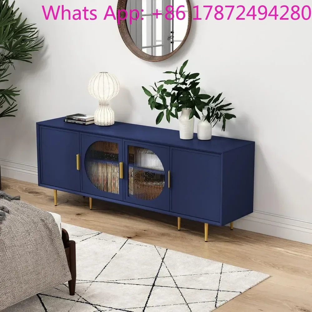 Glass Door Television Console Table with Gold Leg,Entertainment Center with Storage Cabinet