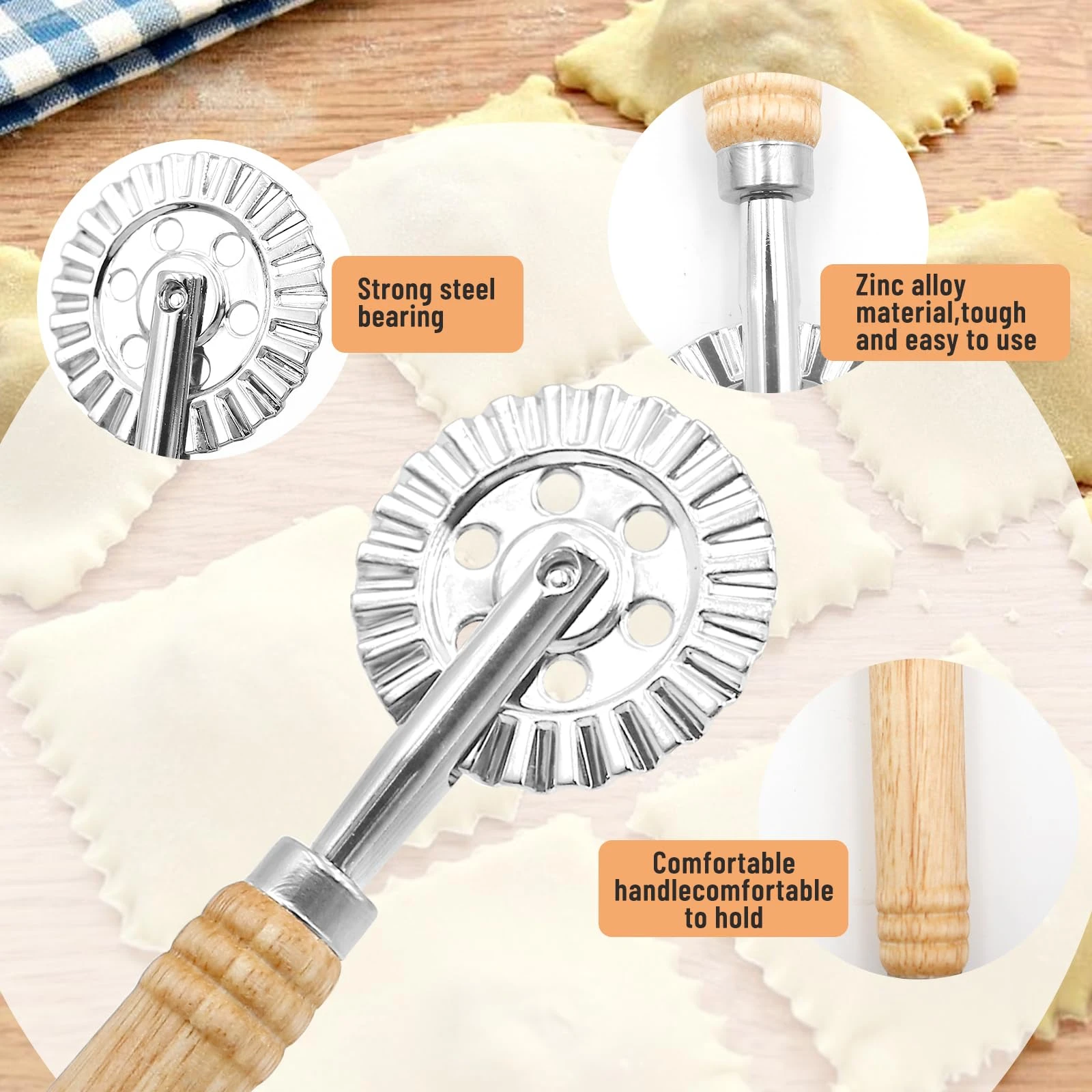 Raviolica Cutter Stamp with Roller Wheel Round Shape with Wood Handle and Grooved Edge Pasta Press Pasta Cutter for Home Kitchen