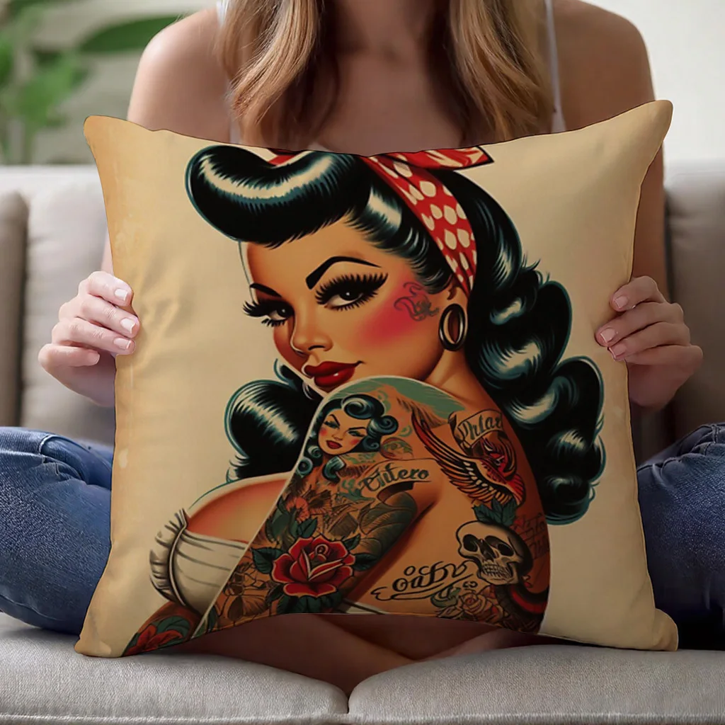 Retro Pinup Art Pillowcase Throw Cushion Cover Vintage Tattoo Rockabilly Aesthetic Square Decorative Pillow
