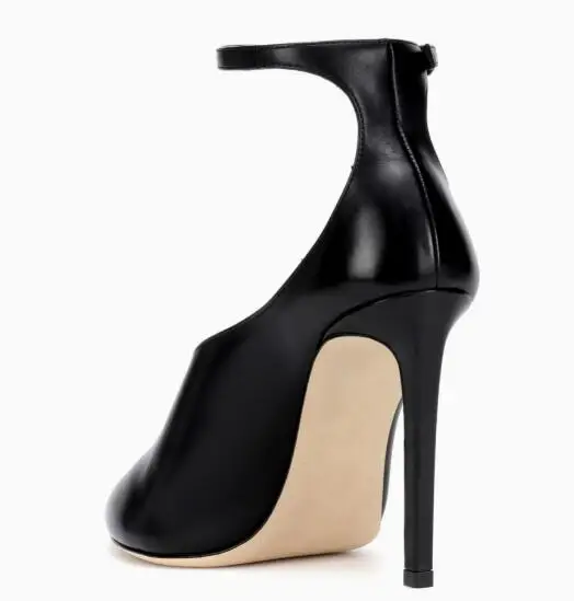 Drop Shipping Black White Solid Matte Leather Shallow V Stiletto Pumps Women Cover Heel Ankle Strap Thin Heels Party Dress Shoes
