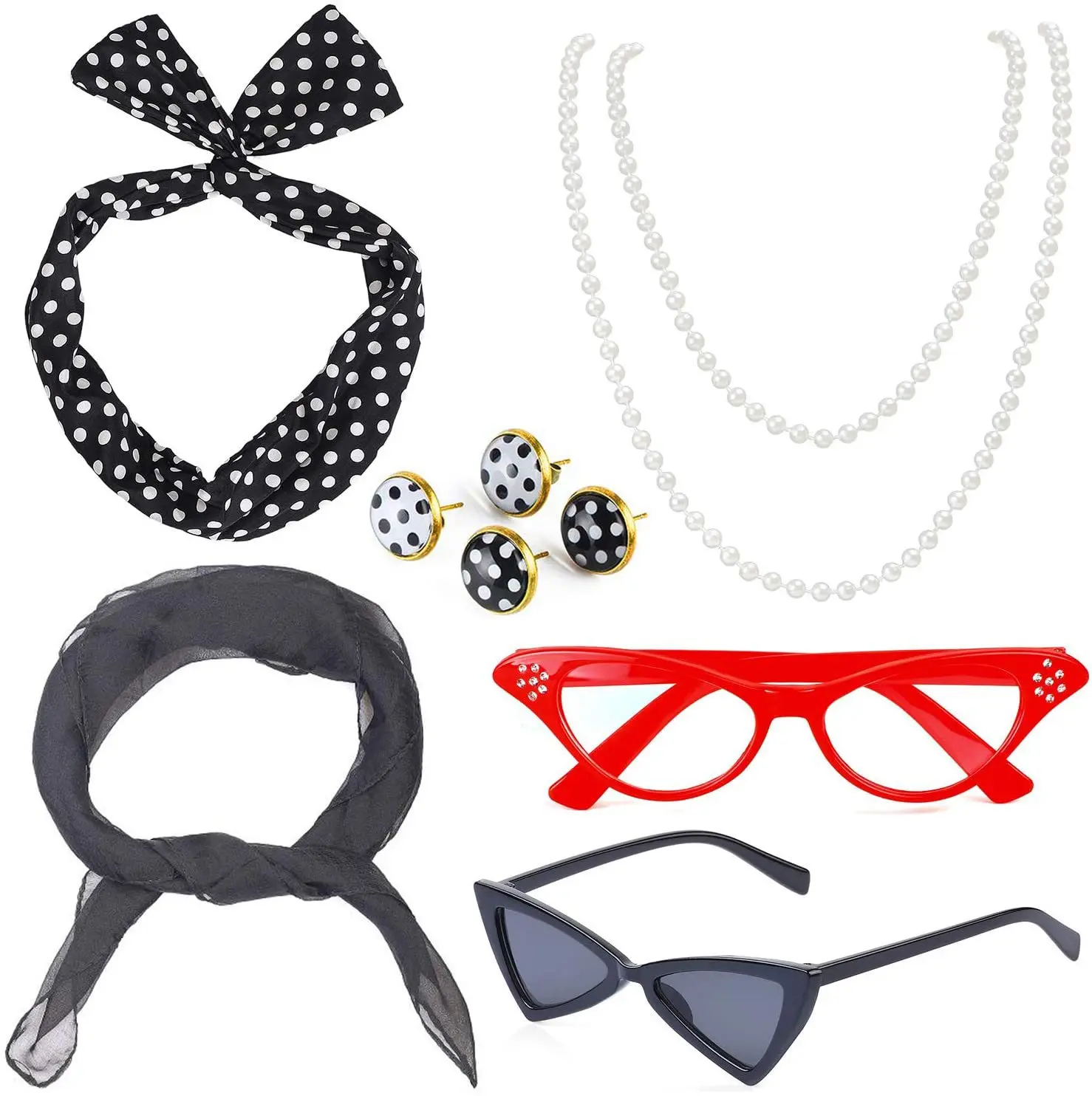 1950s Womens Costume Accessories-50s Chiffon Scarf Cat Eye Glasses Bandana Tie Headband Drop Dot Earrings Halloween Fancy Dress