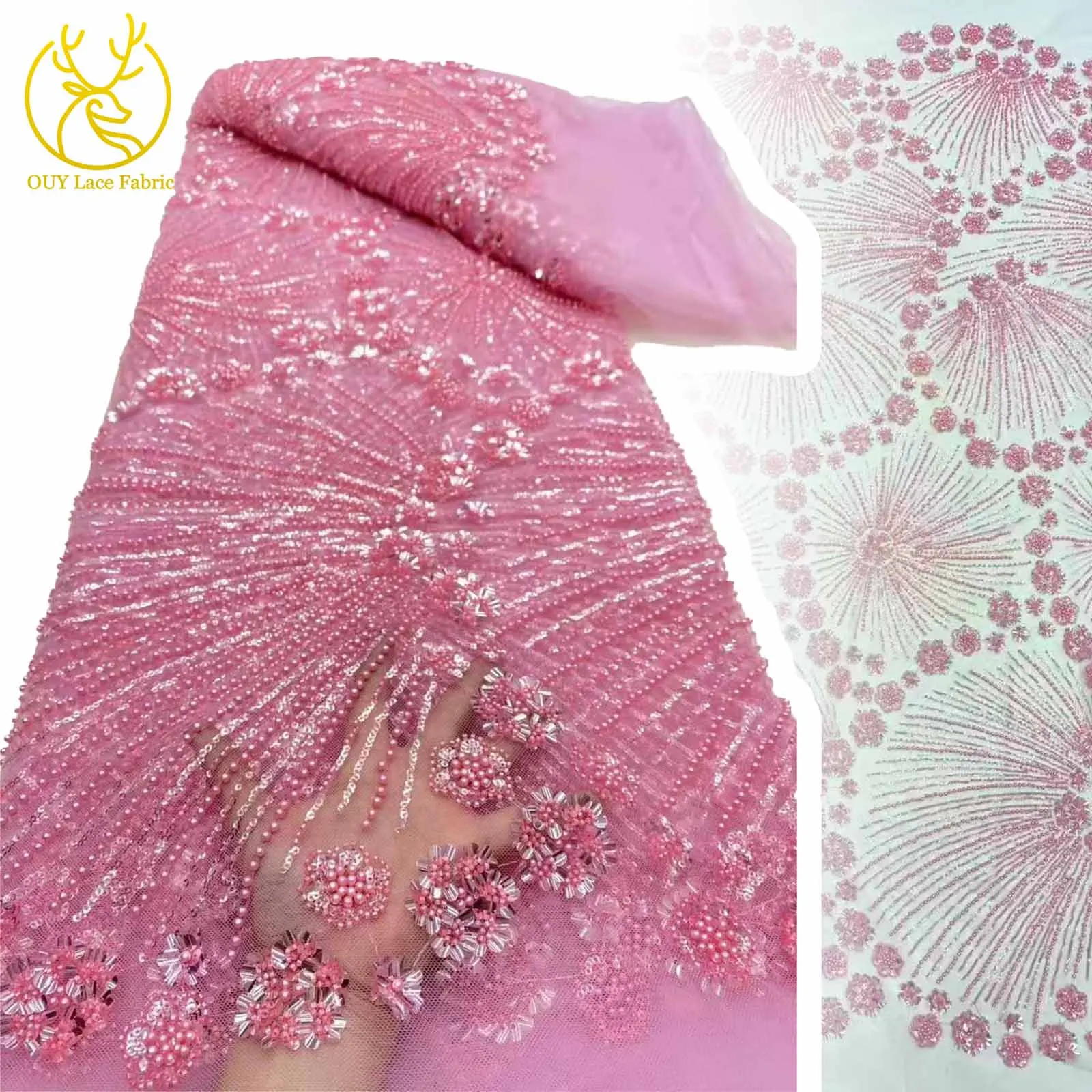 

Pink Fashion Nigerian French Sequins Embroidered Flower Lace Fabric African Beaded Tulle Lace for Women Party Dresses