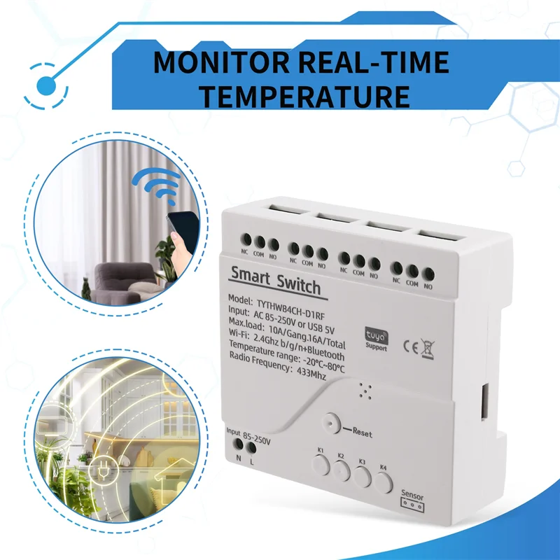 B04B-Tuya Wifi Smart Switch Temperature Sensor Monitor AC 85-250V Wireless Smart Switch For Alexa Google Home