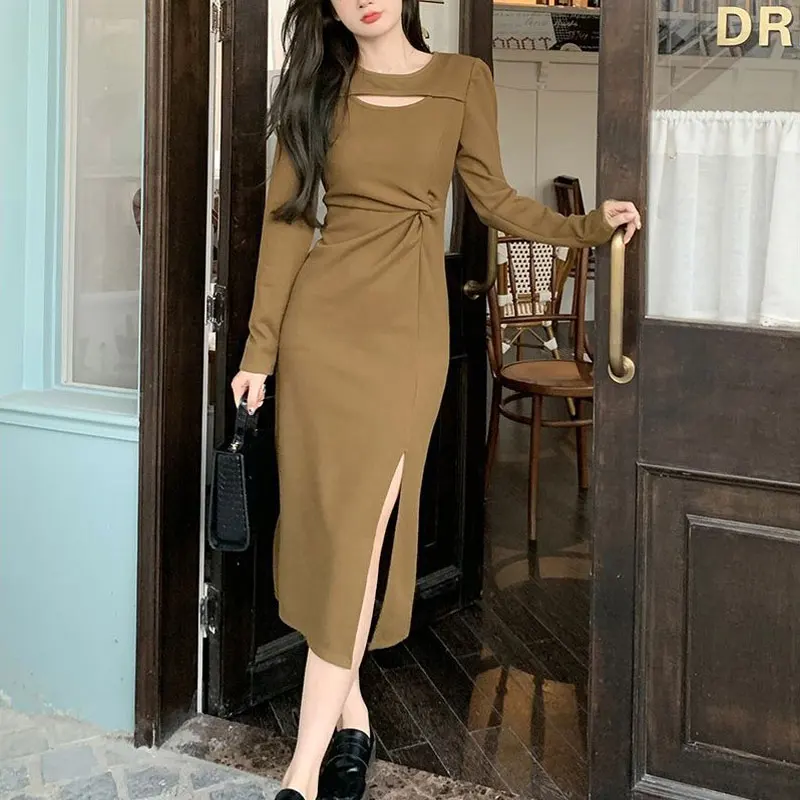 

French Style Basic Midi Dress Female Clothing Stylish Folds Spring Autumn Hollow Out Irregular Vintage Long Sleeve Split Dresses