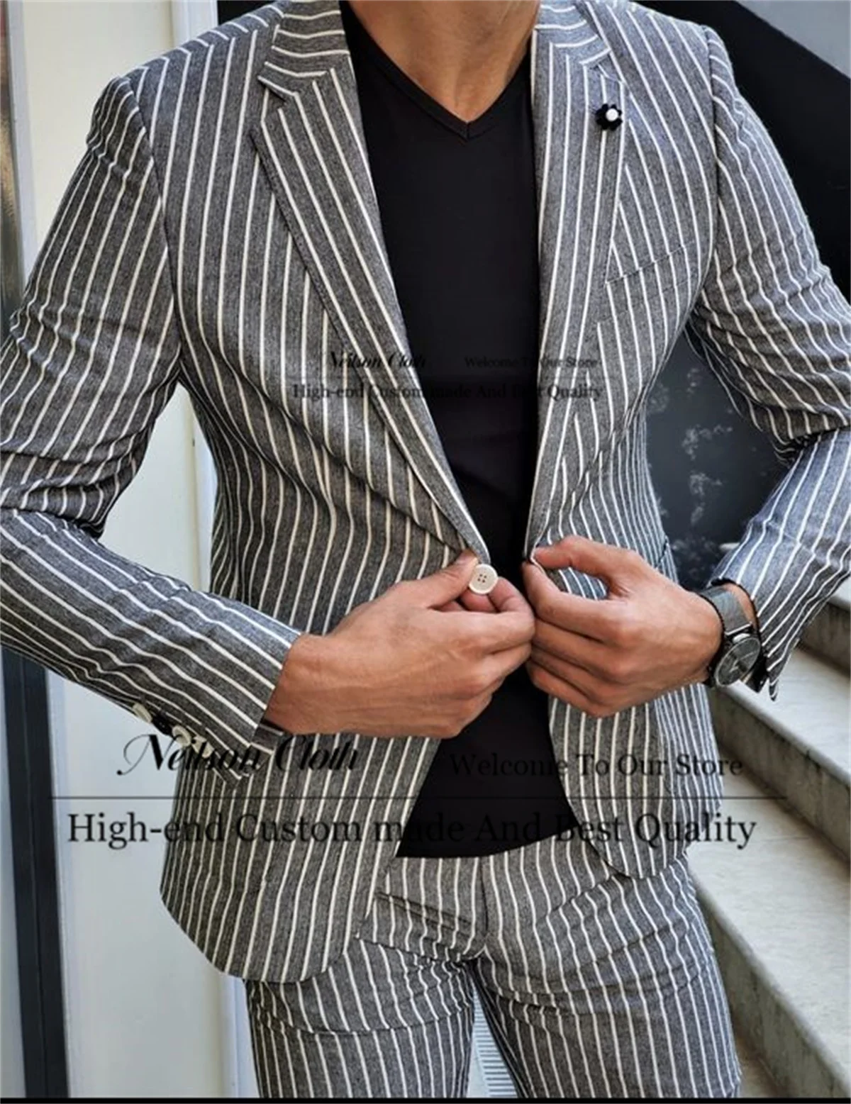 

Stripe Dark Gray Male Prom Blazers 2 Pieces Sets Notched Lapel Groom Wedding Tuxedos For Men Slim Fit Business Terno Masculino