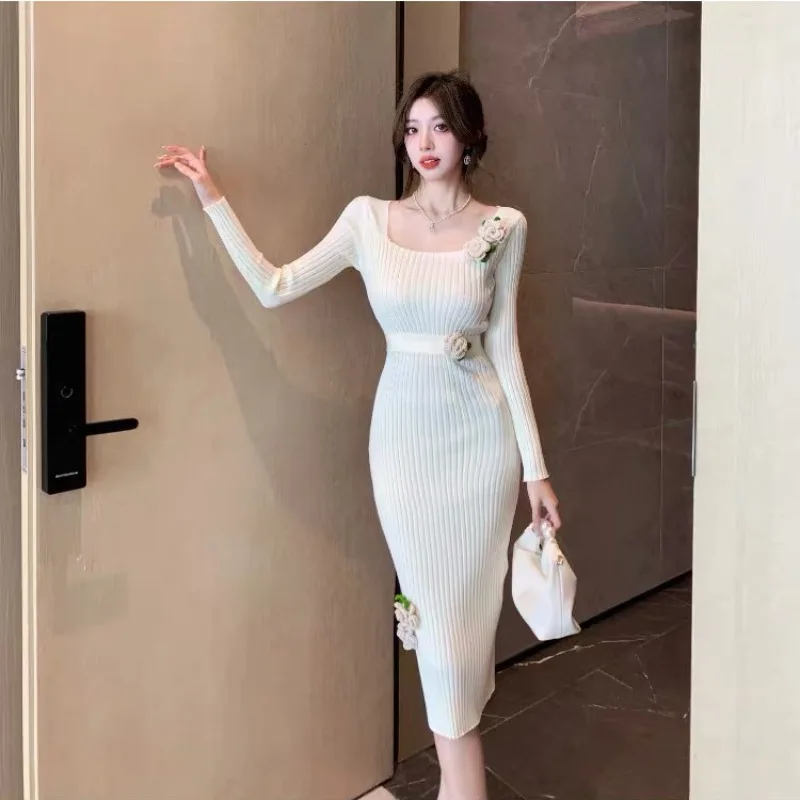 Square Neckline Women's Crochet Dresses Party Casual Retro Korean Clearance Sale New in Harajuku Fashion Prom Female Knit Dress