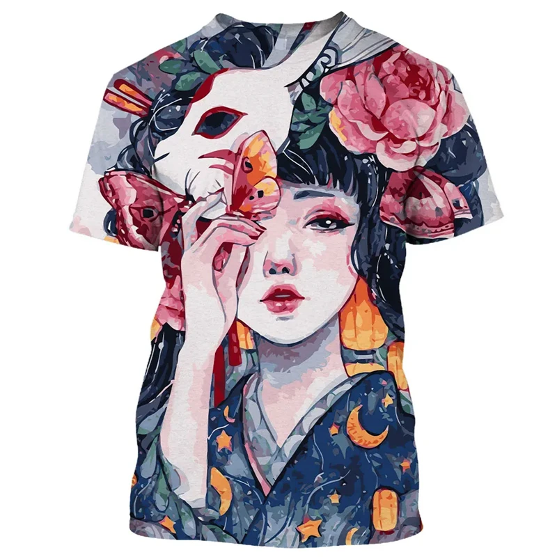 

Japanese Geisha Samurai Men's T Shirt Round Neck Casual Short Sleeve Tops Men's Clothing Summer Oversized Harajuku Streetwear