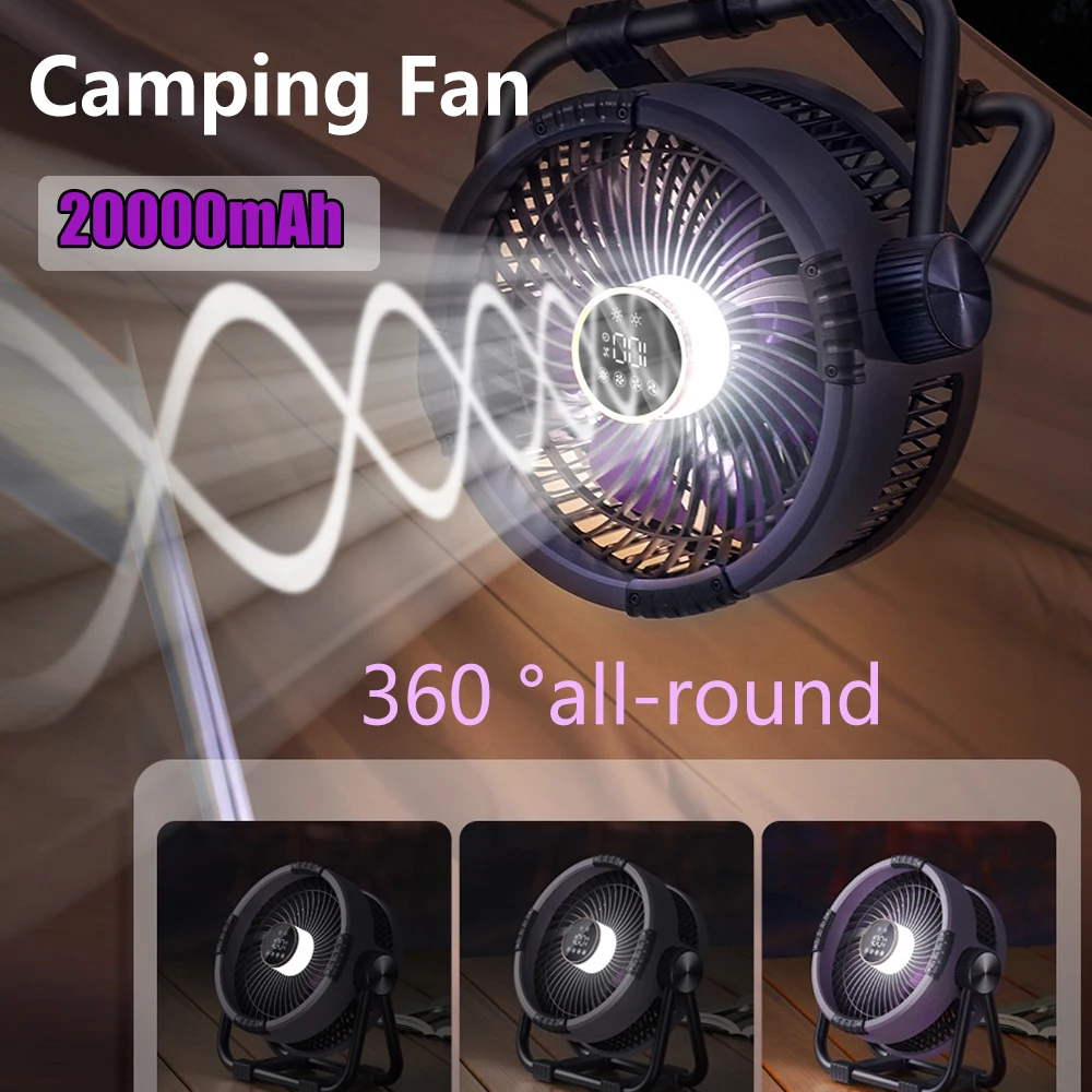 

20000mAh Camping Fan Rechargeable Portable Outdoor Camping Fan Air Circulators Wireless Tent Ceiling Fans with Hook and Light