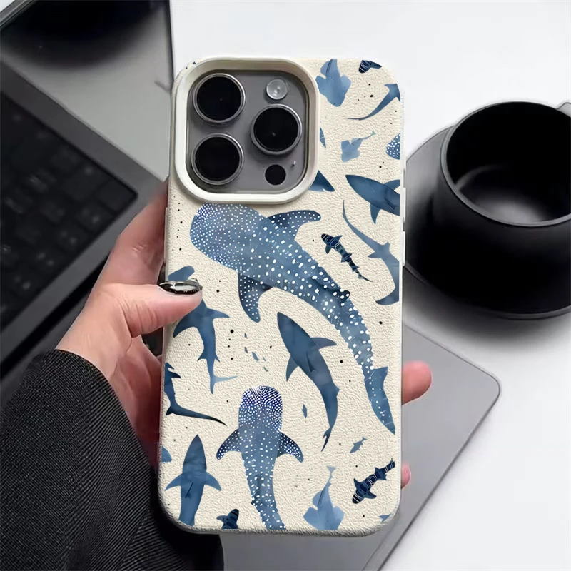 Ocean Shark Whale Pattern Phone Case For iPhone 18 17 16 15 Pro 14 13 12 Pro Max 16 18 Pro 17e 16e 11 Leather Texture TPU Cover
