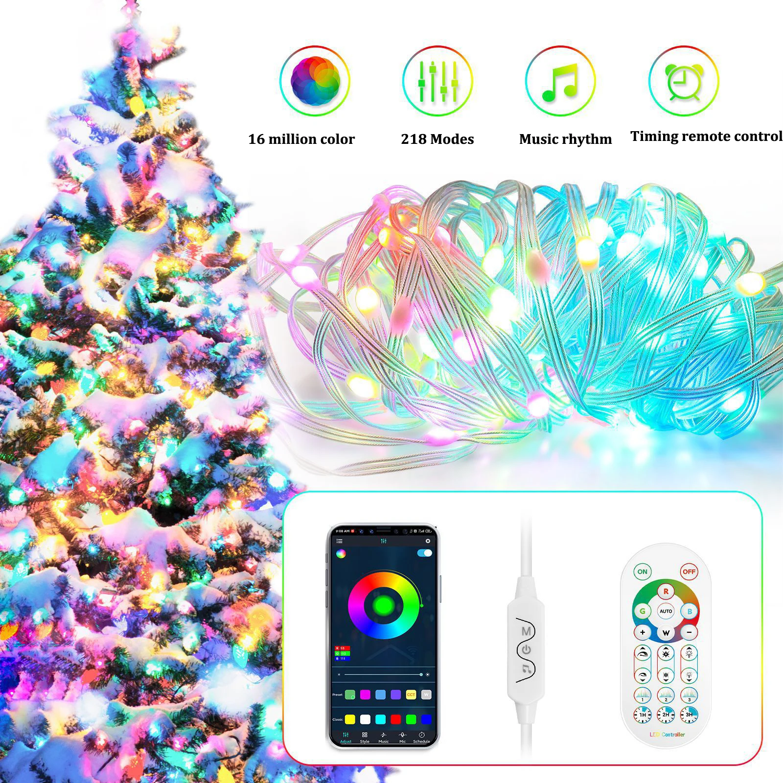 Guirnalda de luces navideñas inteligente con Control remoto, luces de hadas impermeables para decoración de bodas y fiestas, Bluetooth, 20M