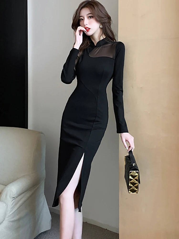 2024 Black Patchwork Mesh Sheer Sexy Slit Long Dress Women Korean Vintage Hepburn Dress Autumn Winter Elegant Festival Vestidos