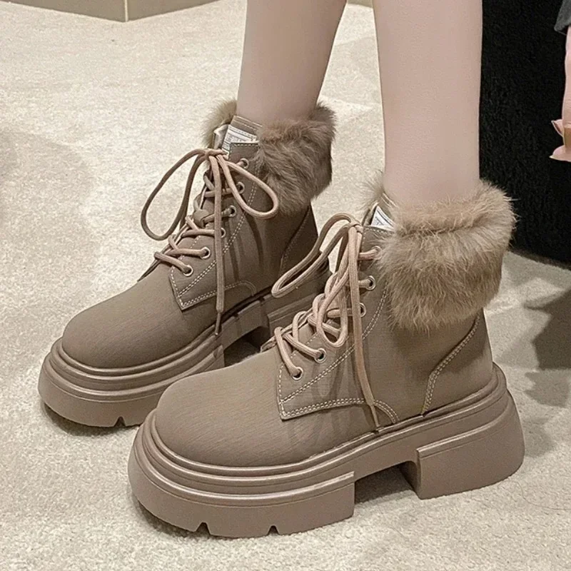 2024Fashion Ladies Shoes Lace Up Boots Winter Plush Fleece for Warmth Round Toe Solid Short Barrel Square Root Naked Boots