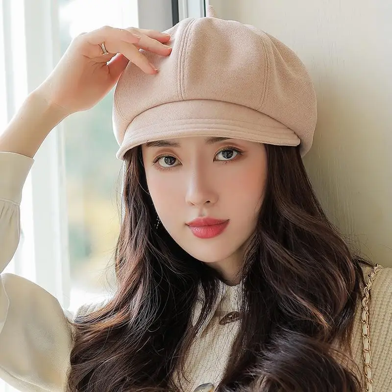 Solid color octagon woman autumn and winter beret Korean version of everything British retro hat woman