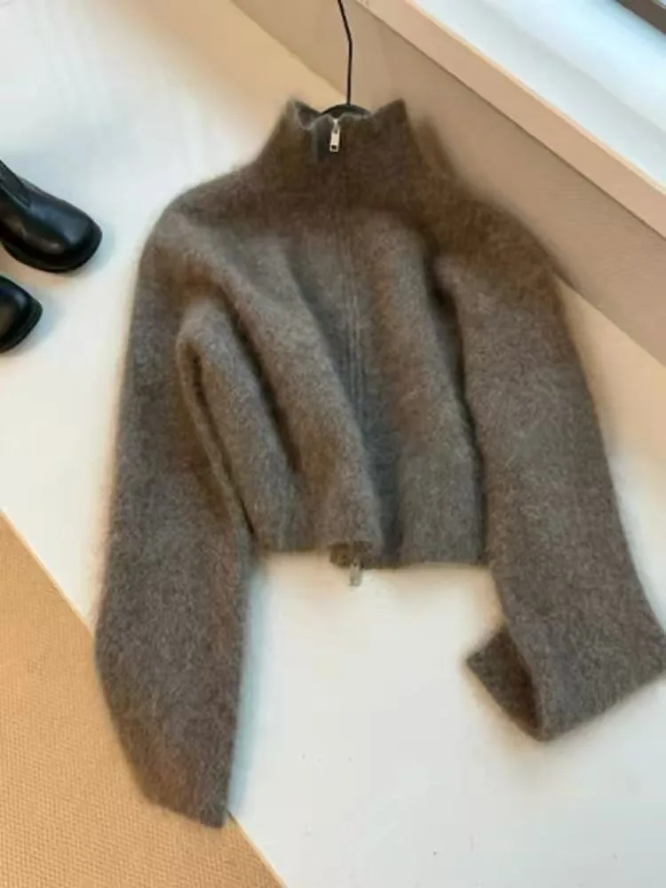 Suéter Marrón de Pelo Sintético con Cremallera para Mujer, Estilo Coreano, Suave y Cómodo, Abrigo Casual de Punto, Cuello Alto, Manga Larga, Prenda Exterior para Otoño