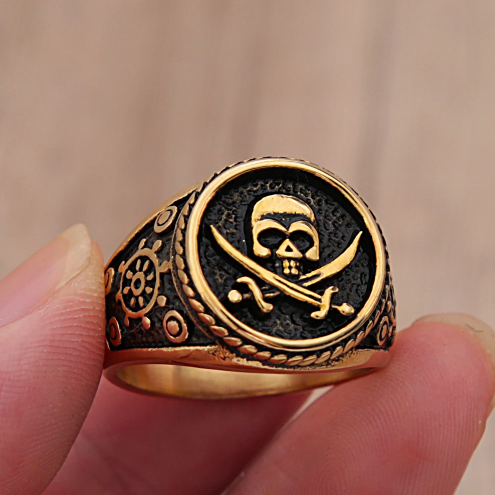 

Fashion Retro Double Knife Pirate Skull Ring Punk Stainless Steel Viking Compass Ring Men's Motorcycle Amulet Jewelry Gift