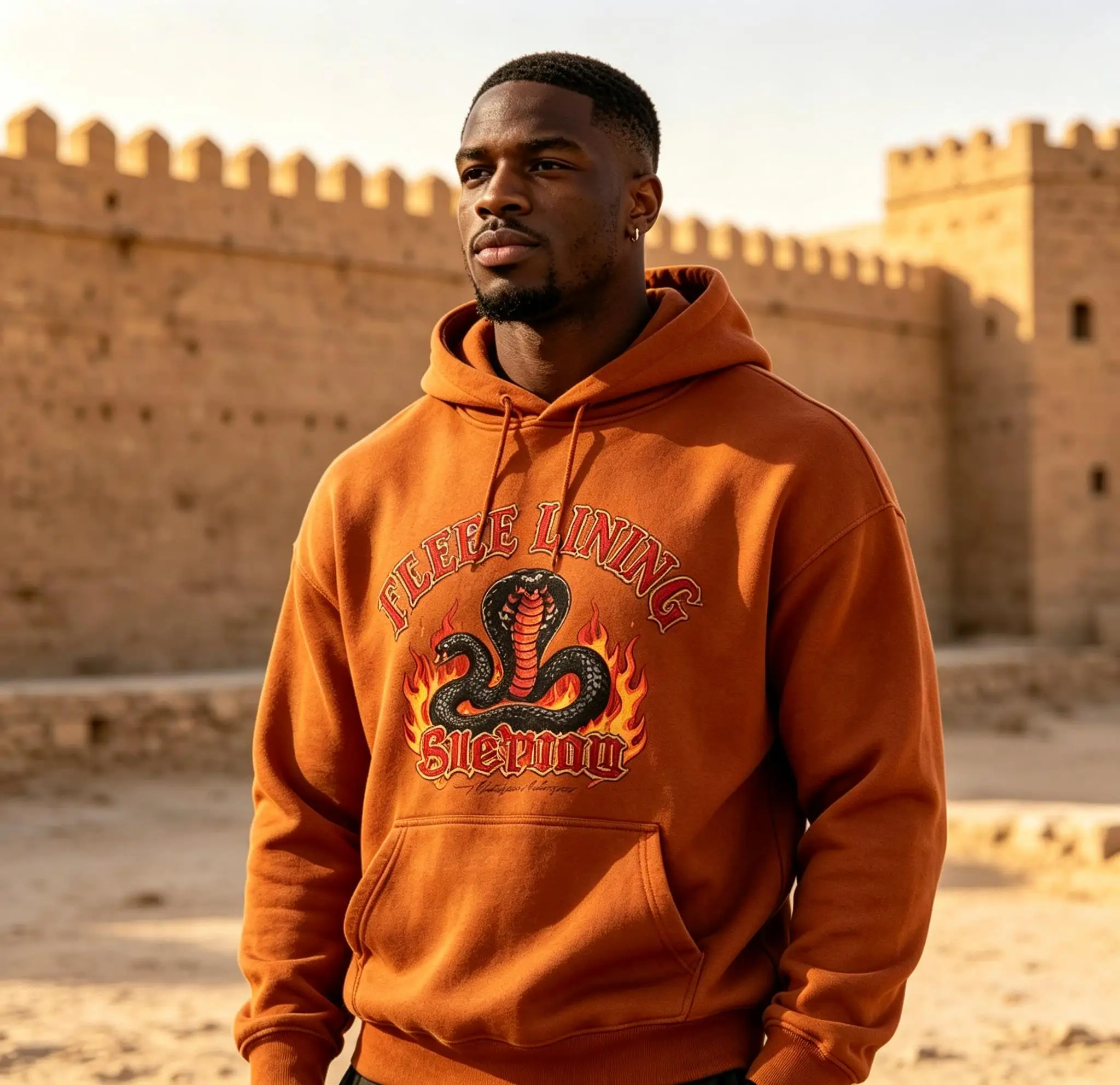 Men Fleece Lined Hoodie Caramel Vintage Cobra Snake Flame Letter Print Drawstring Pullover Streetwear Sweatshirt