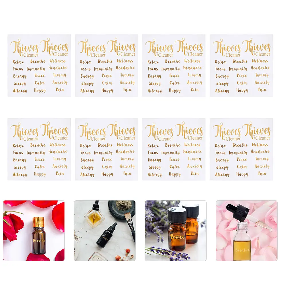 

8 Sheets Essential Oil Bottle Labels Stickers Letters Blank Gold Nail Tag Decals Waterproof Self Adhesive Easy Removal
