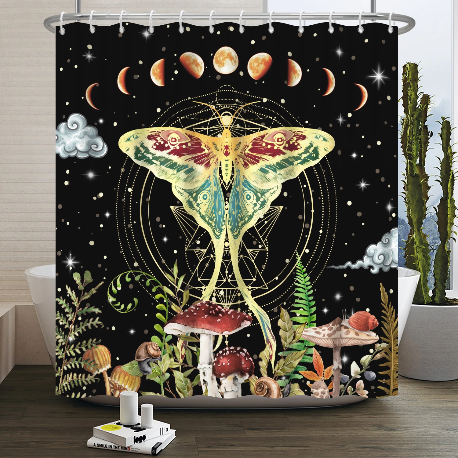 Moth Shower Curtain Moon Phase Butterfly Mushroom Psychedelic Tarot Gothic Shower Curtain for Bathroom Waterproof Bath Curtain