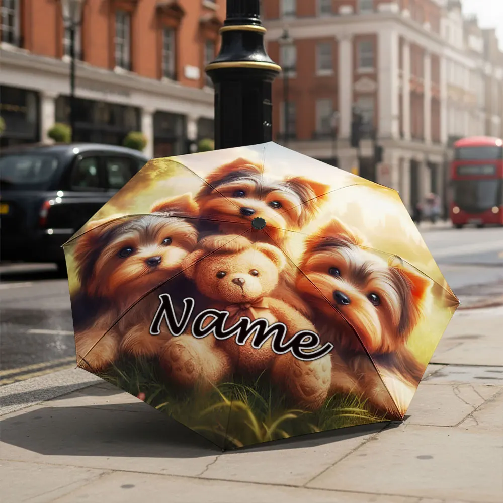 Custom Name Umbrella Three Yorkshire Terrier Puppies With Teddy Bear Print Folding Umbrella,Portable Travel Parasol For gift