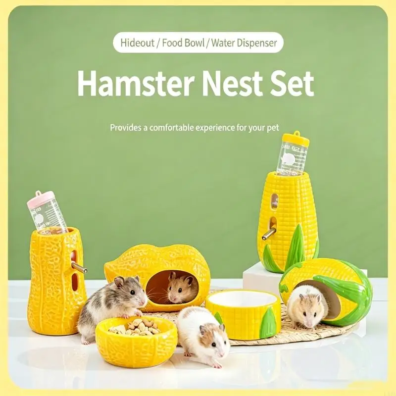 L43A Hamster Feeding and Shelter Water Bottle Stand Set for Small Animals, 3 Pcs Bowl and Resting Area Accessories for Routine