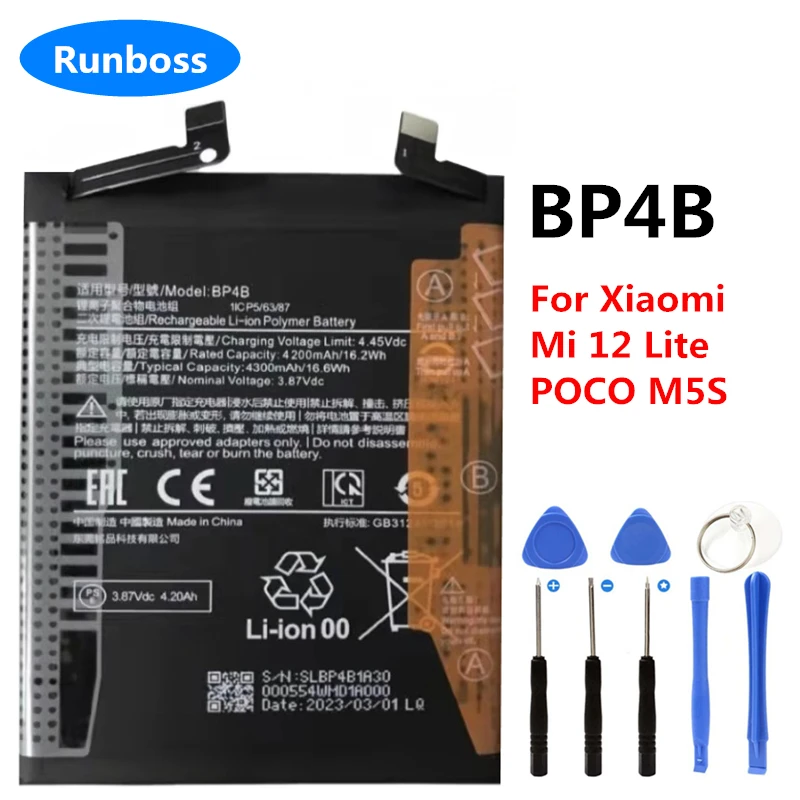 100% Original BP4B 4300mAh Battery For Xiaomi Mi 12 Lite , For POCO M5s Replacement Phone Bateria