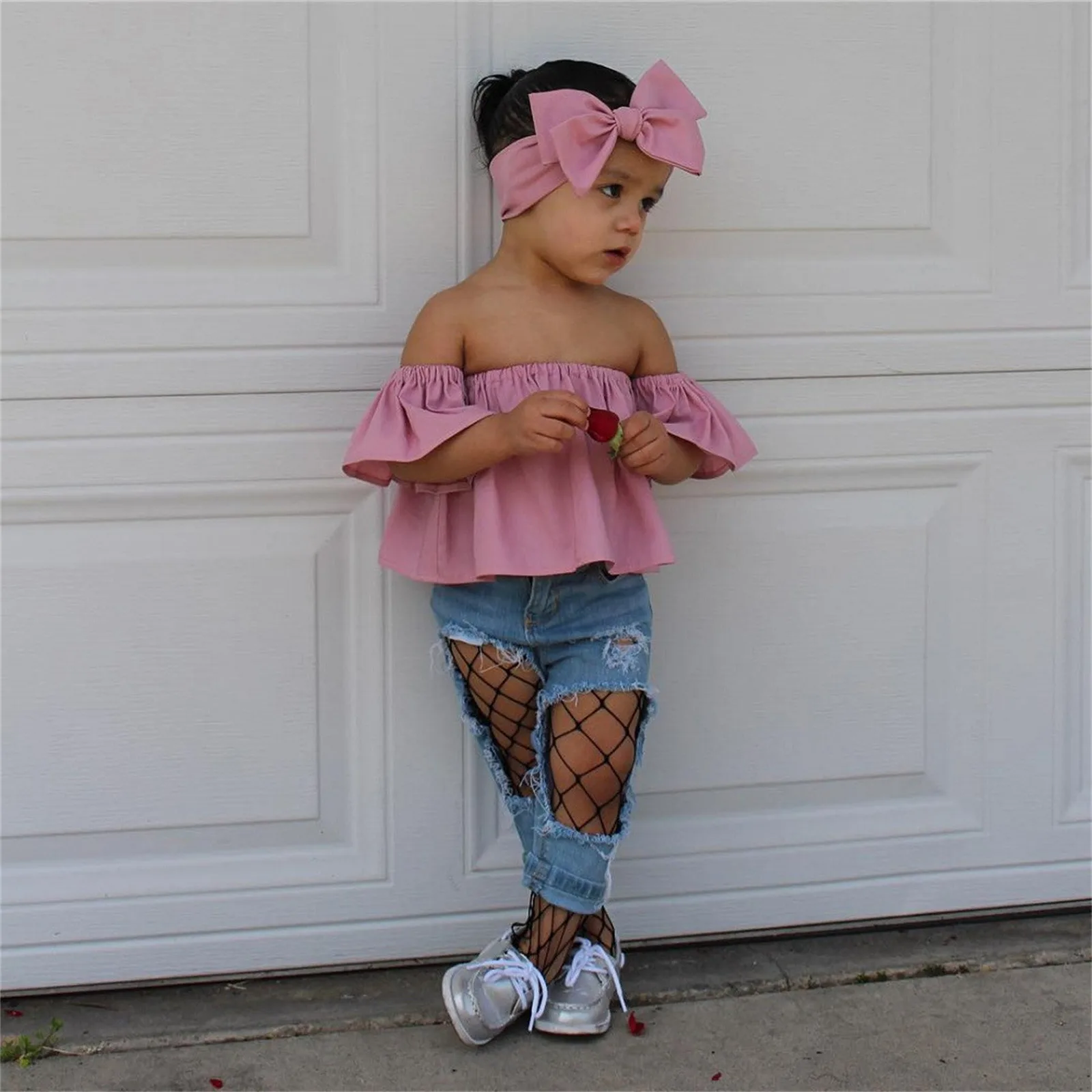 Toddler Kids Girls Clothes Sets Summer Off Shoulder Tops+Hole Denim Jeans+Headwear Sets 3Pcs Outfits Clothes 1 2 3 4 5 6 7 Years